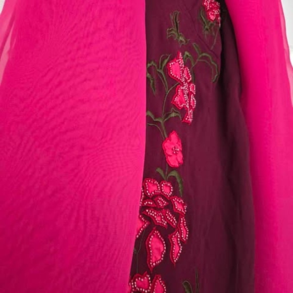 Sue wong Maroon Floral Maxi Dress 100% Silk with free pink silk shall - Picture 1 of 13